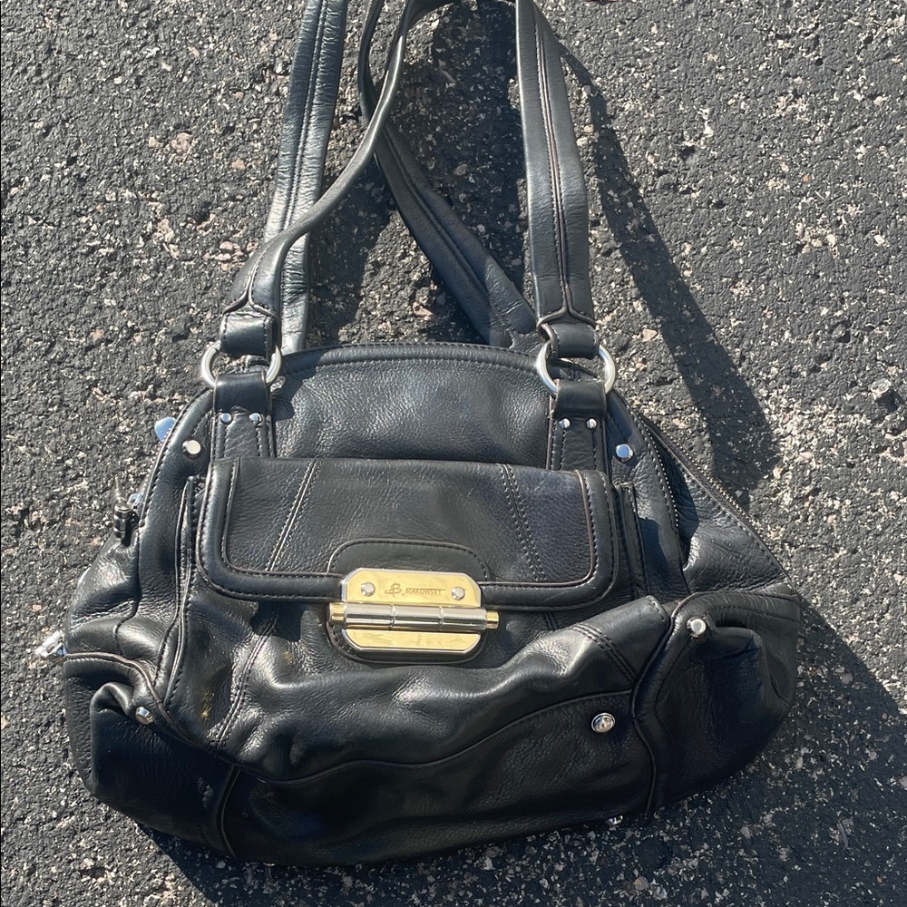 B. Makowsky Black Leather Shoulder Bag with Gold Accents